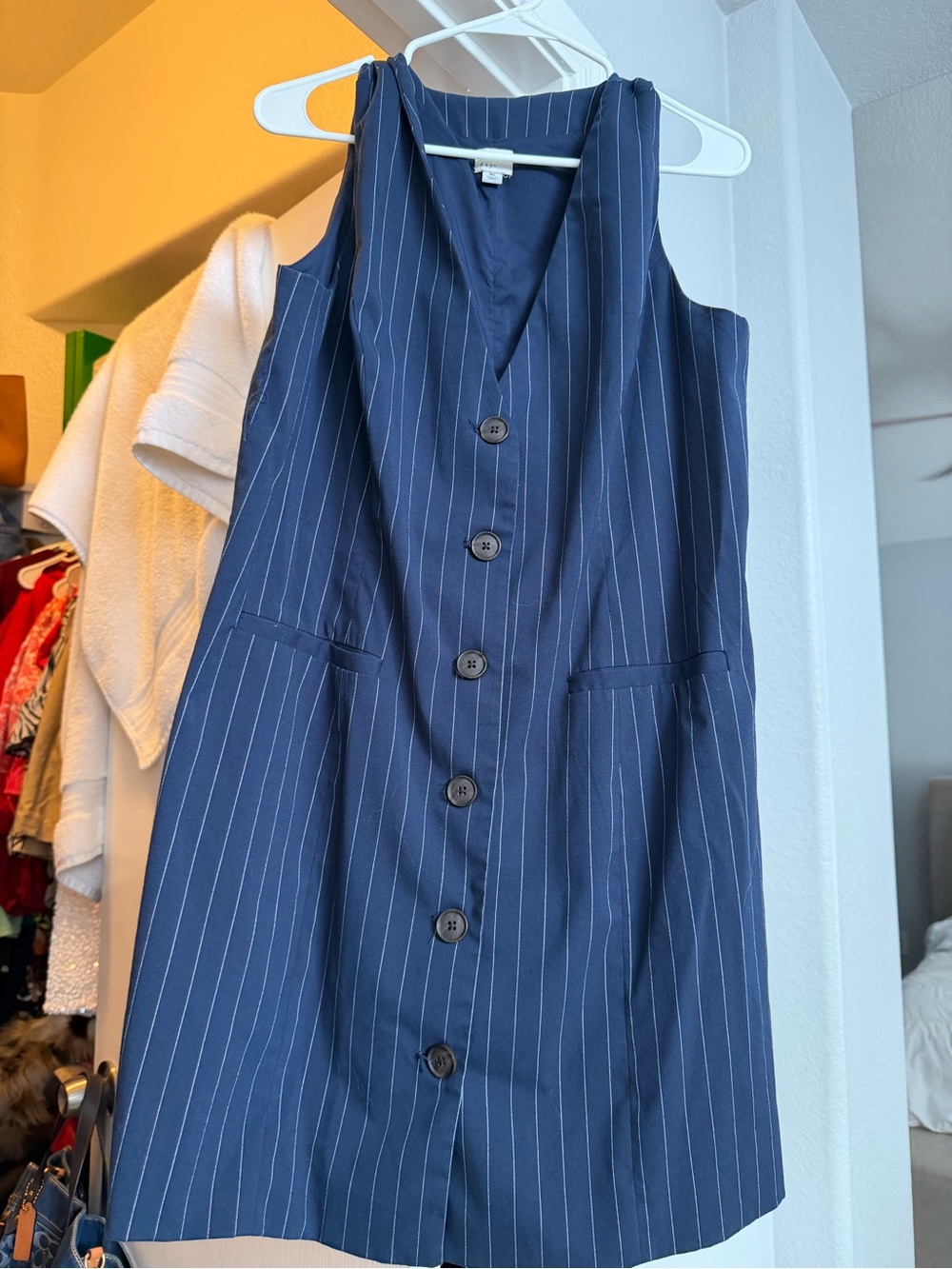 Sleeveless Navy Pinstripe Button-Front Dress